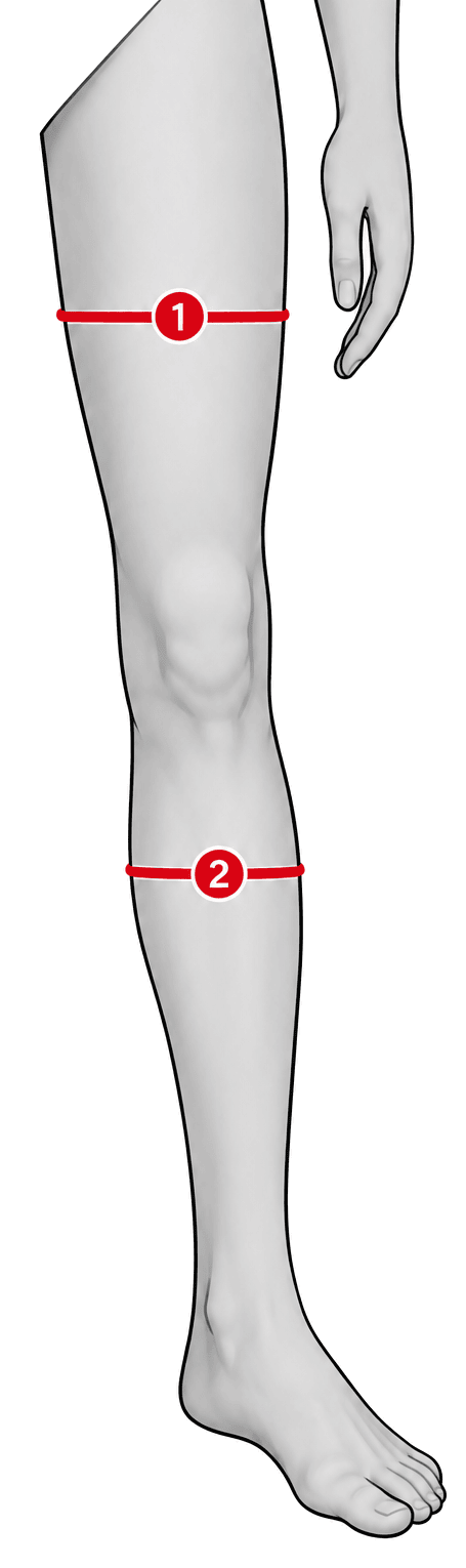 Diagram of a leg with two numbered measuring points: 1 at the fullest part of the mid-thigh, 2 at the fullest part of the mid-calf.