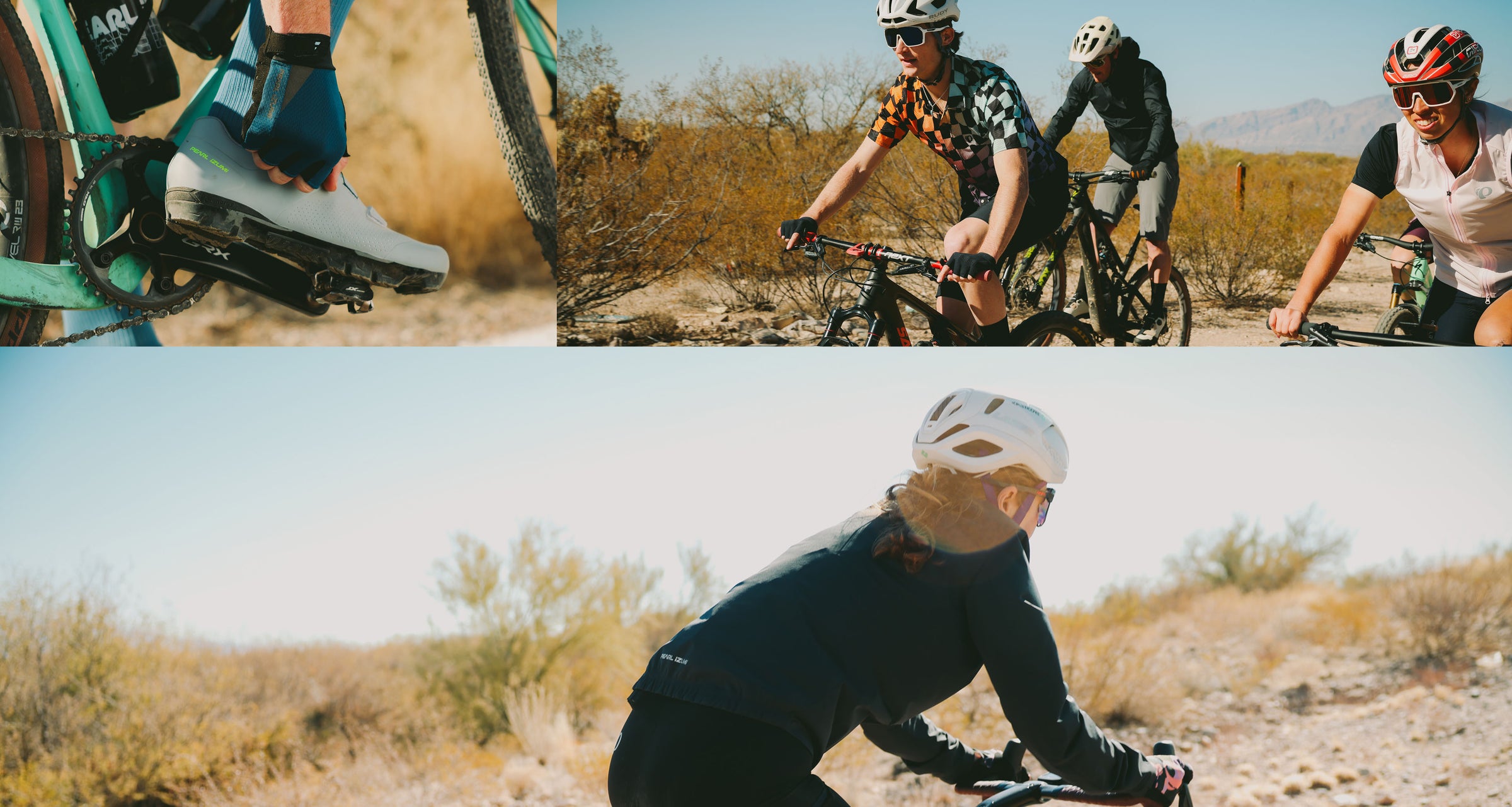 Bikers in action on a desert trail with close-up shots of their bikes and gear.