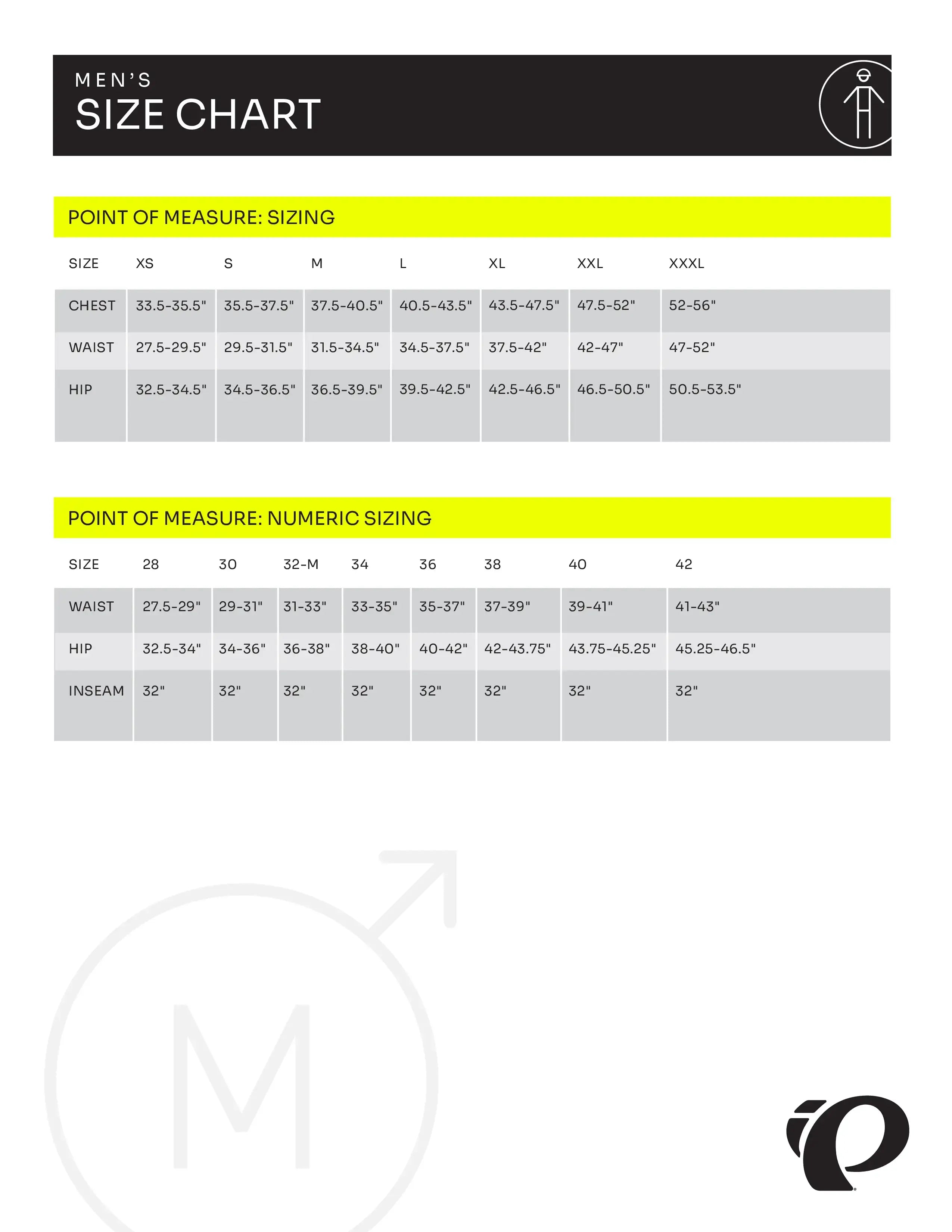 pearl izumi clothing size guide