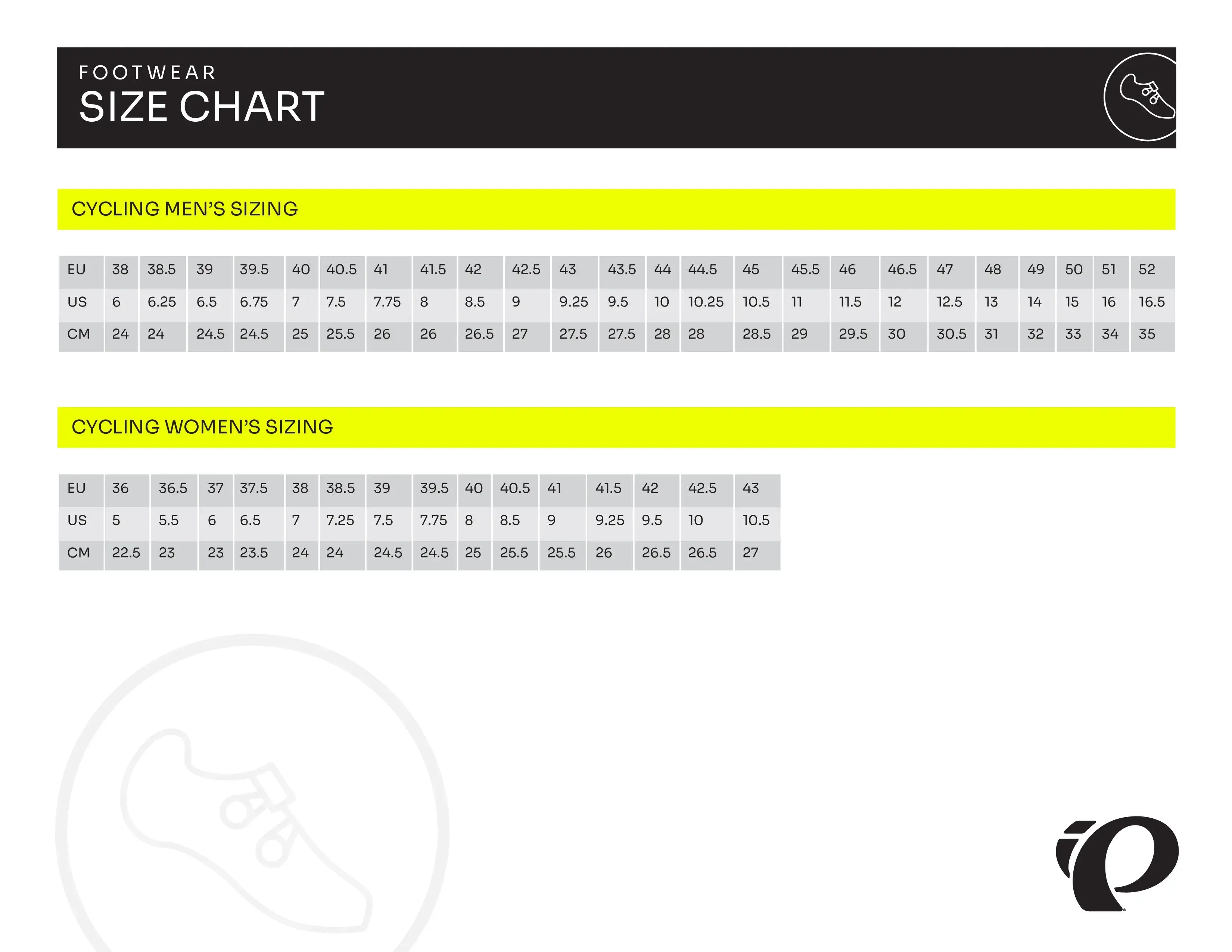 pearl izumi bike shoe size chart
