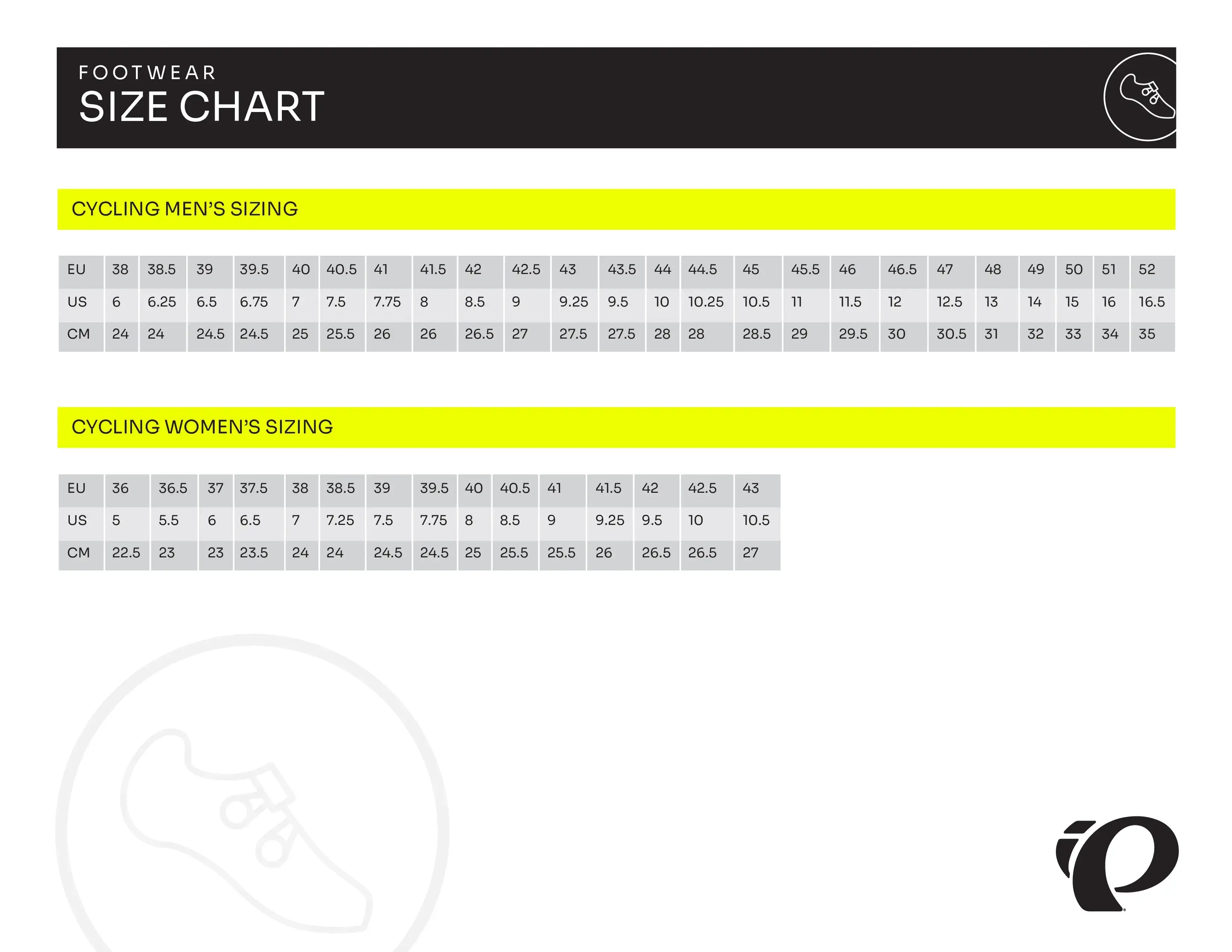 Size chart for footwear, Gender: Women