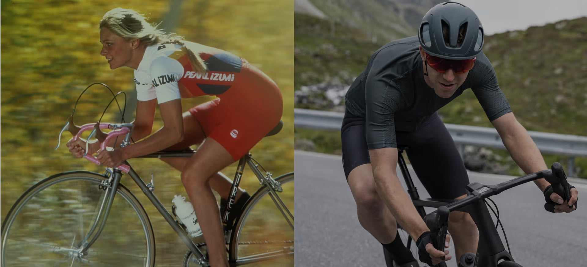 Two cyclists in action, one from the past and one modern, on a road bike.