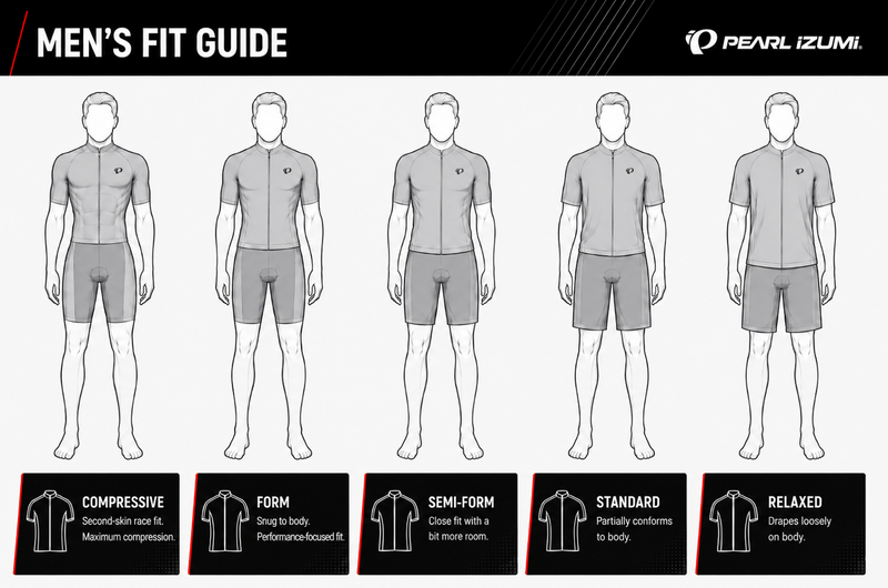 Pearl Izumi Men's Fit Guide infographic showing six male model silhouettes wearing cycling jerseys and shorts, labeled from Compressive to Relaxed, with text descriptions of each fit style.