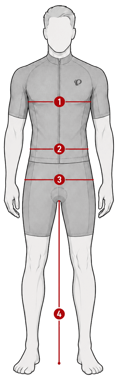 Diagram of a male cyclist with numbered measuring points at chest, waist, hips, and inseam.
