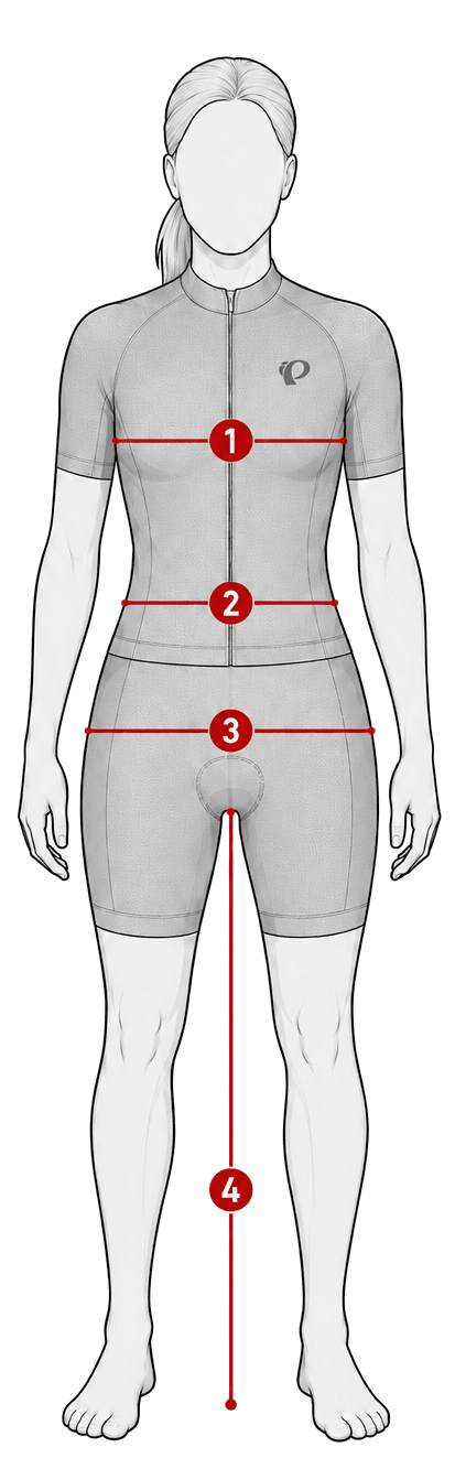 Diagram of a female cyclist with numbered measuring points at bust, waist, hips, and inseam.