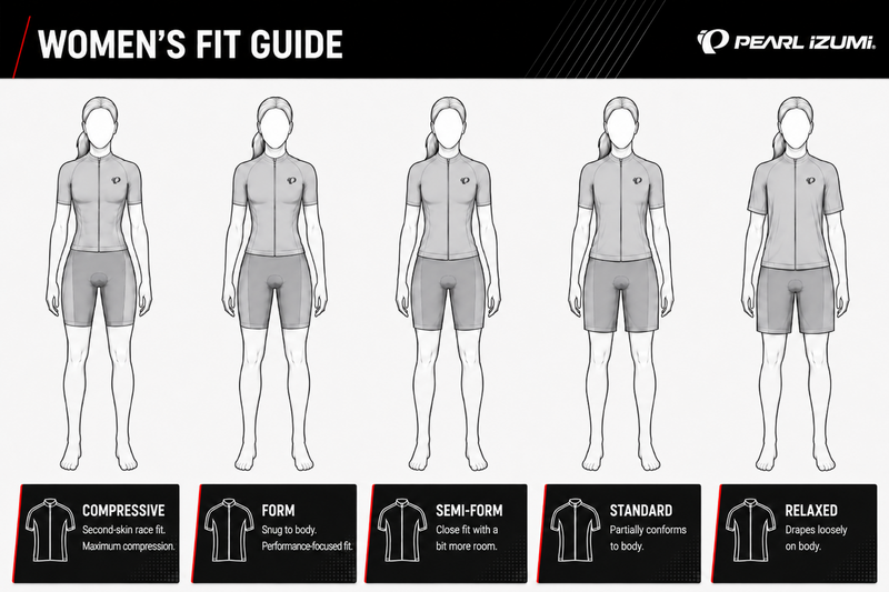Pearl Izumi Women's Fit Guide infographic showing five female body silhouettes wearing cycling jerseys and shorts, labeled from Compressive to Relaxed, with text descriptions of each fit style.